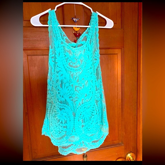 Turquoise Blue Lace Tank Top - Mermaid Boho Vibes Sz S/M - Picture 1 of 3